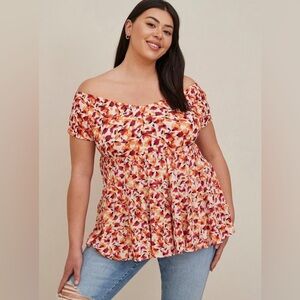 Torrid Fabric Mix Knit Crinkle Gauze Off The Shoulder Smocked Bodice Top, 4X/26W